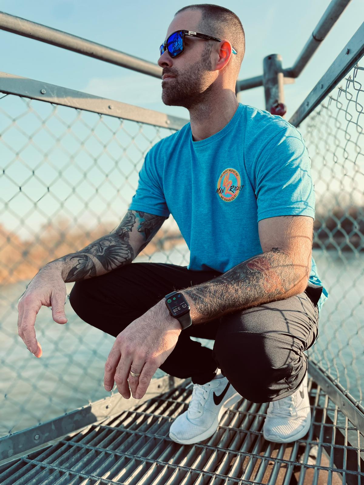 Fitted Heather Blue Tee With Back Bar Code