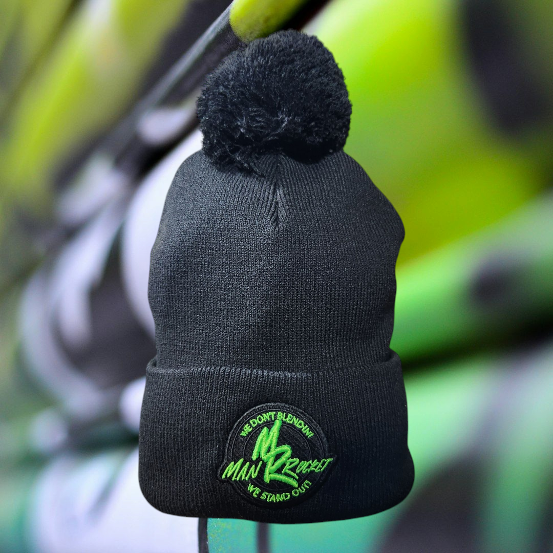 Black Pompom Toque With Neon Green Logo