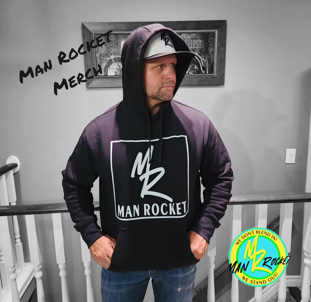 Comfortable Black Hoodie With Man Rocket Chest Logo